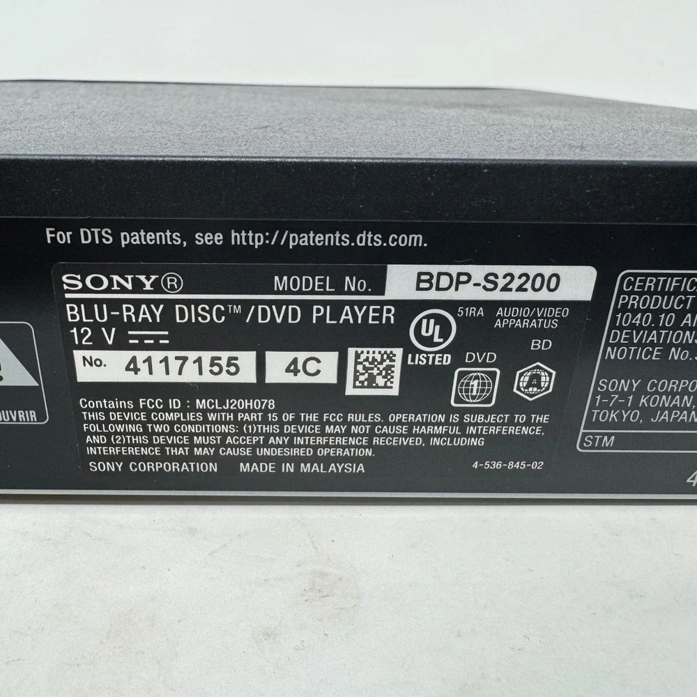 Sony BDP-S2200 Blu-ray DVD Player Built-in Wi-Fi Streaming Black w/ Remote Works